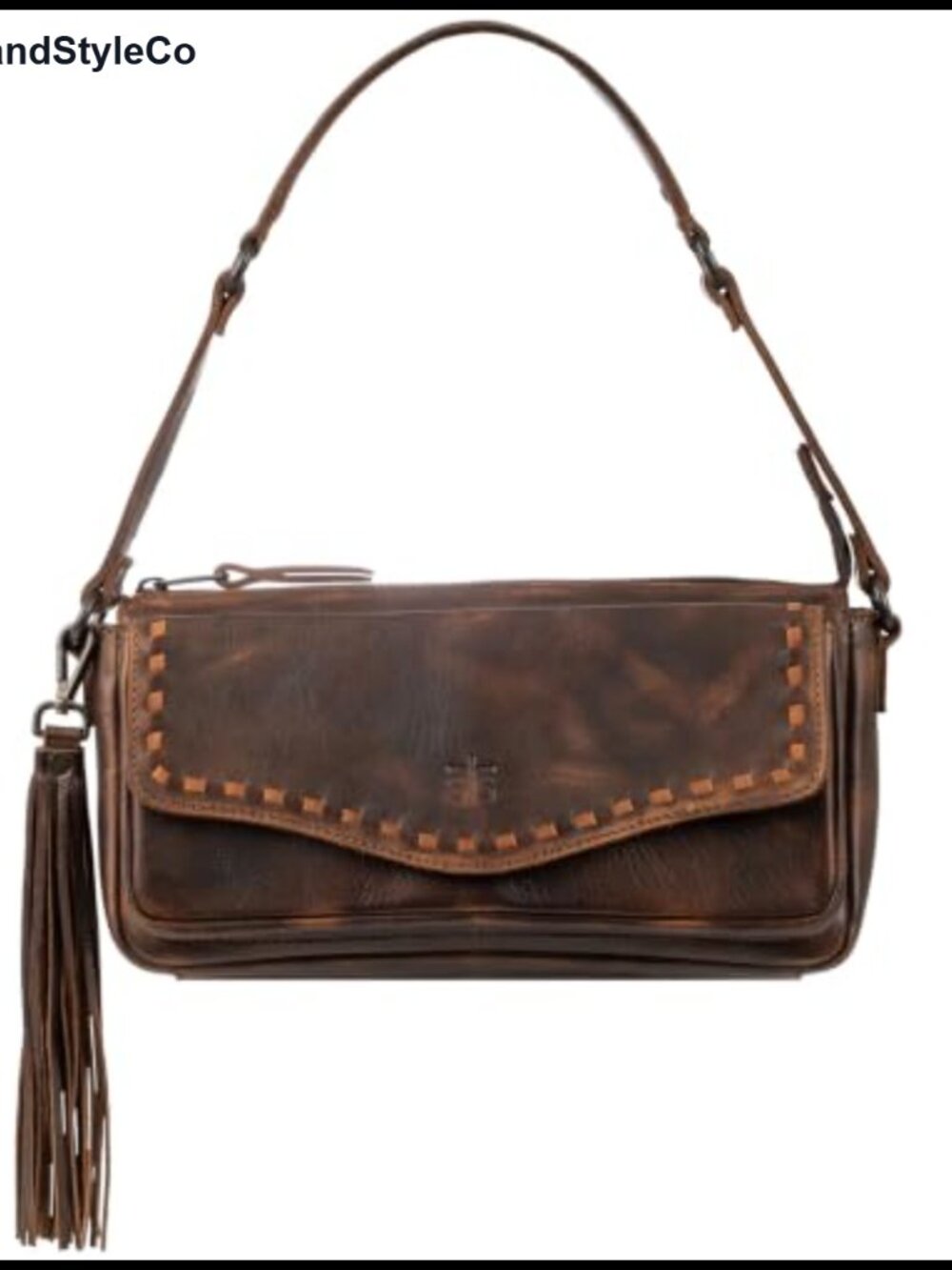 Genuine Full Grain Leather Shoulder Bag Western Buckstitch Zip Top